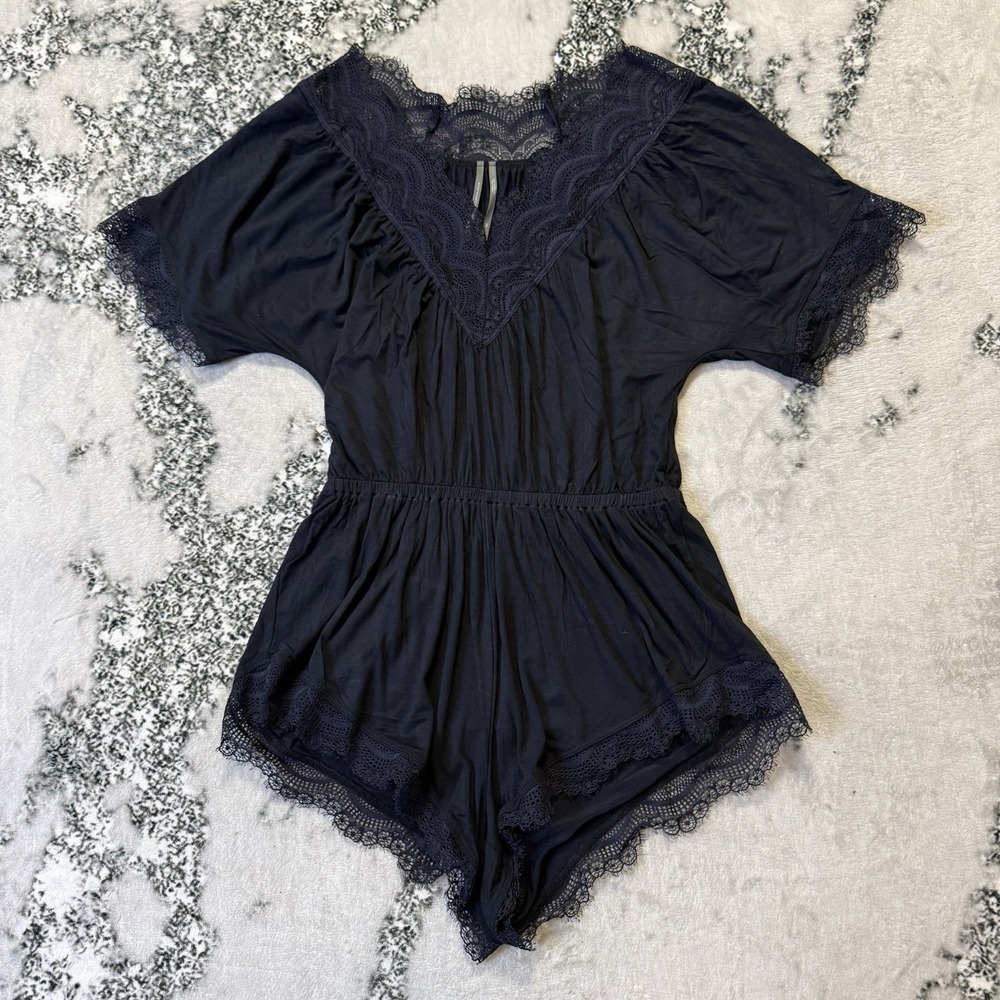 Anthropologie Romper Womens Size XS Black Lace Trim Boho Short Sleeve Breathable